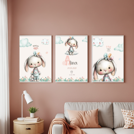 Tablou personalizat Baby Stats — format A4, înrămat, cu numele și datele bebelușului, design pastel