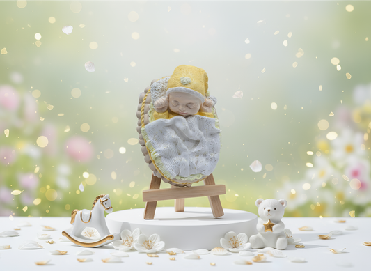 Magnet ceramic bebeluș în coșuleț galben, pictat
manual, amintire botez