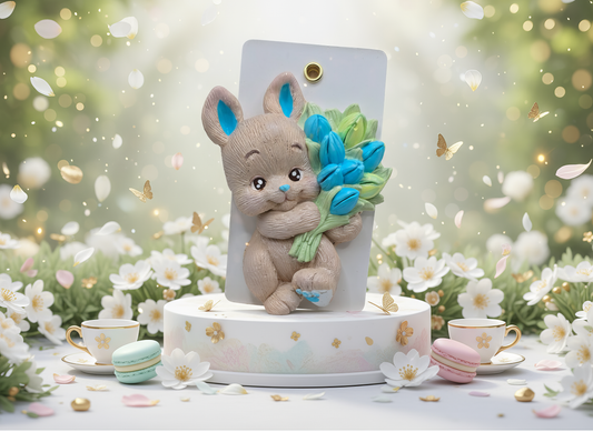 Magnet ceramic iepuraș cu flori albastre, cadou botez sau
aniversare