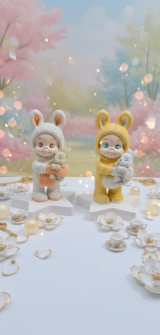 Mărturie ceramică
figurină copil în
costum iepuraș
galben, decor pastel