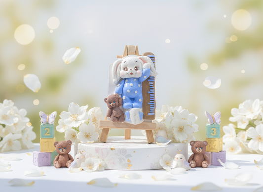 Iepuraș ceramic cu ursuleț, varianta albastră, decor pentru
botez sau aniversare