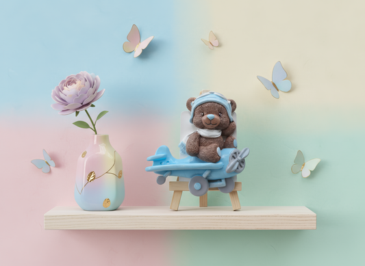 Figurină ceramică ursuleț aviator cu avion albastru, cadou
botez sau aniversare