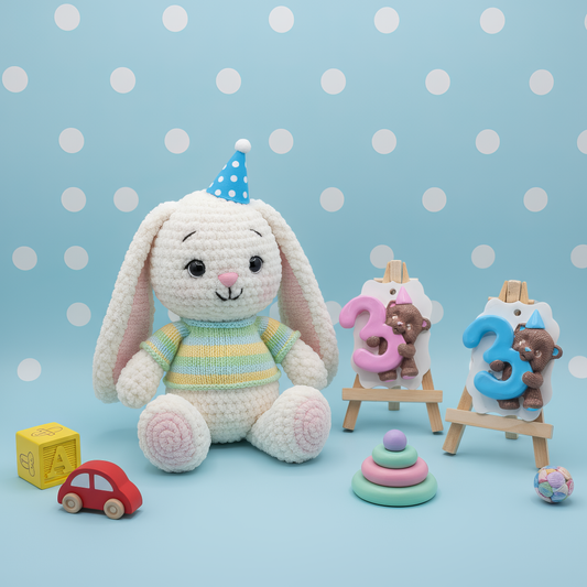 Figurină ceramică ursuleț cu cifra 3 roz, decor aniversar
sau botez