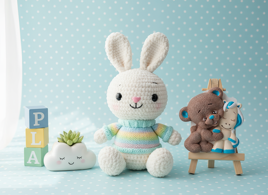 Ursuleț ceramic îmbrățișând un unicorn alb cu detalii
albastre, pictat manual