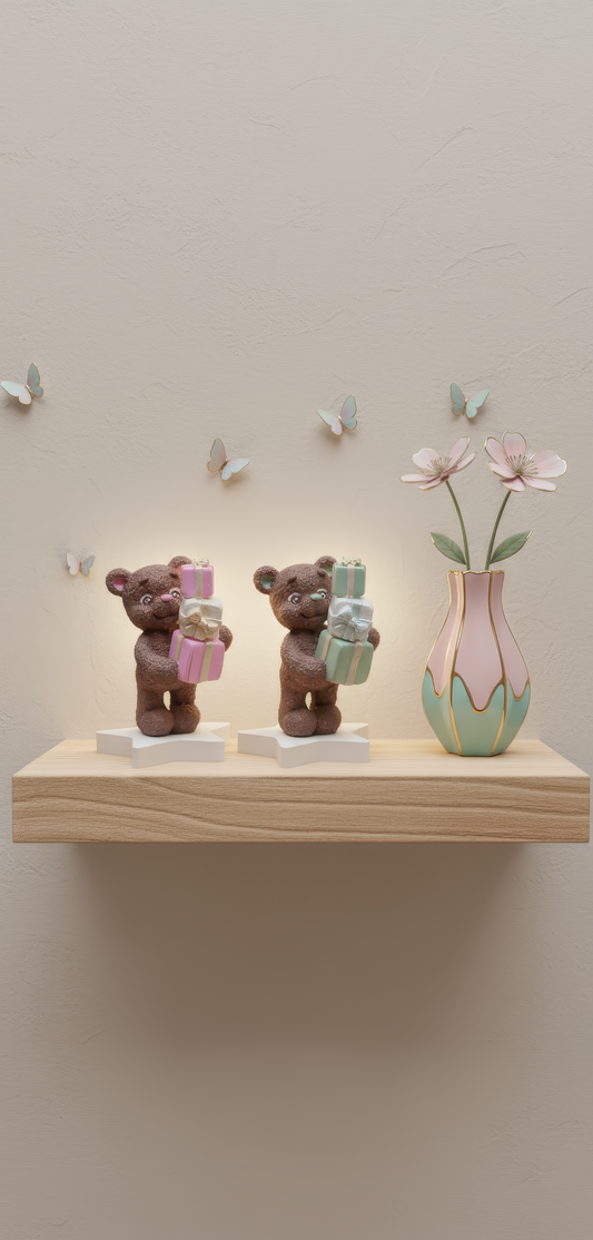 Teddy bear with pink gifts - handmade ceramic decorative figurine, gift box included