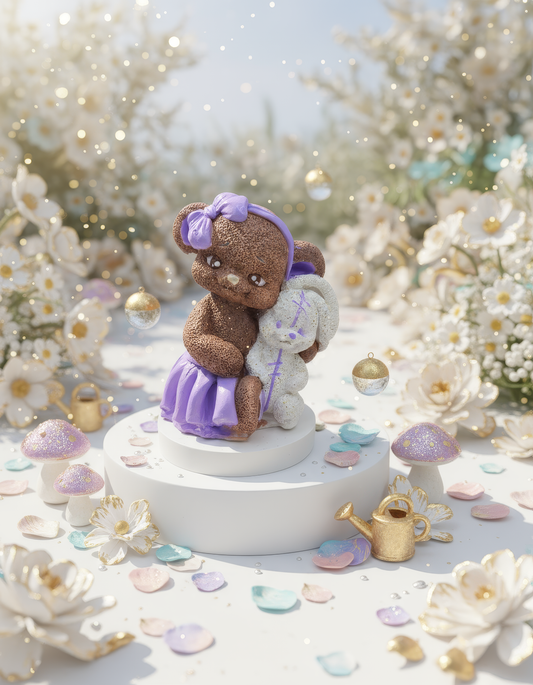 Ursuleț cu iepuraș în brațe - mărturie ceramică handmade, cutiuță inclusă