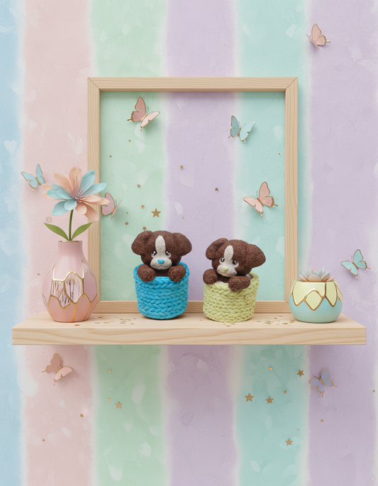 Cățeluș în coș texturat albastru - mărturie ceramică handmade, cutiuță inclusă