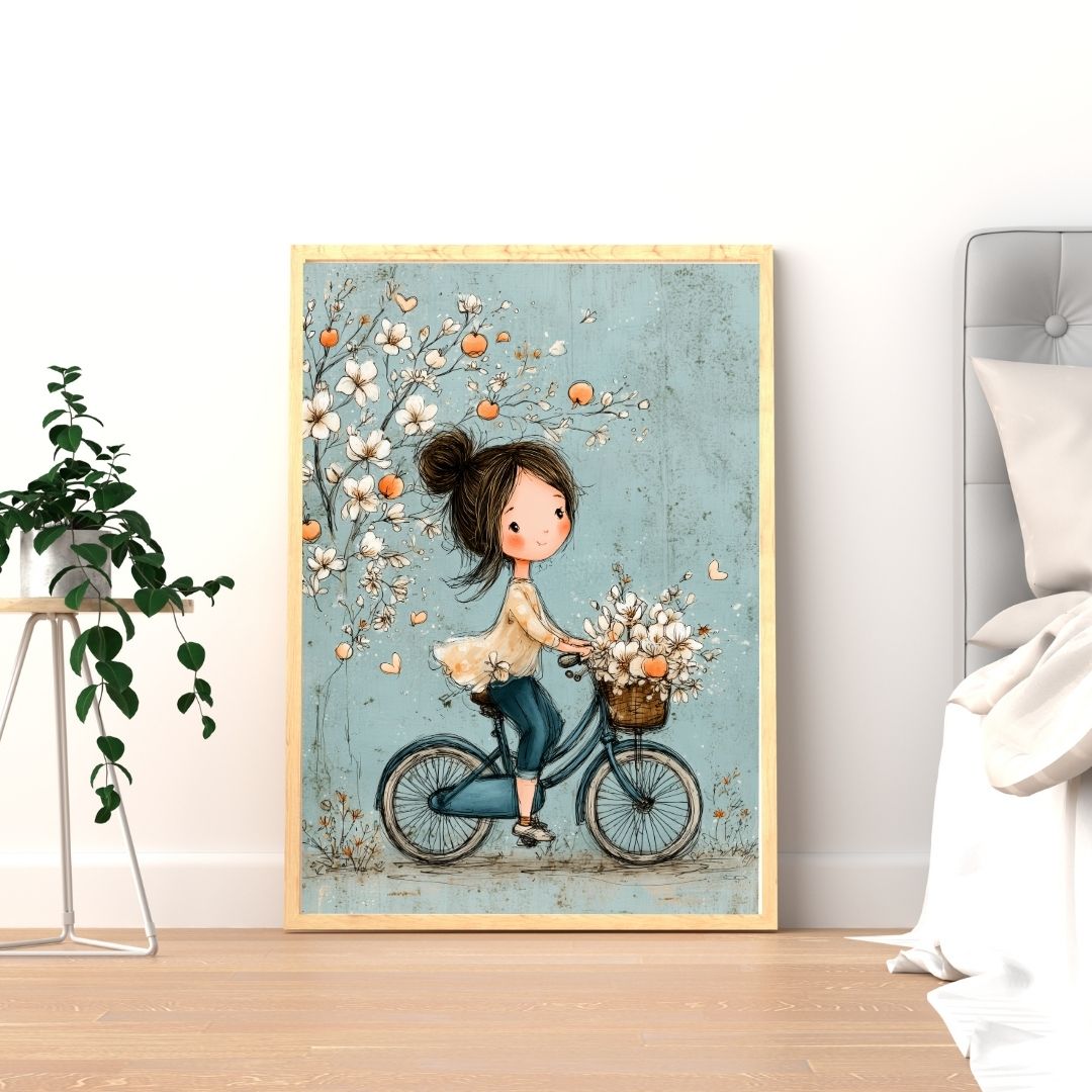 Tablou A4 „Fetița pe bicicletă" — Print pânză Canva premium cu ramă inclusă, cadou delicat