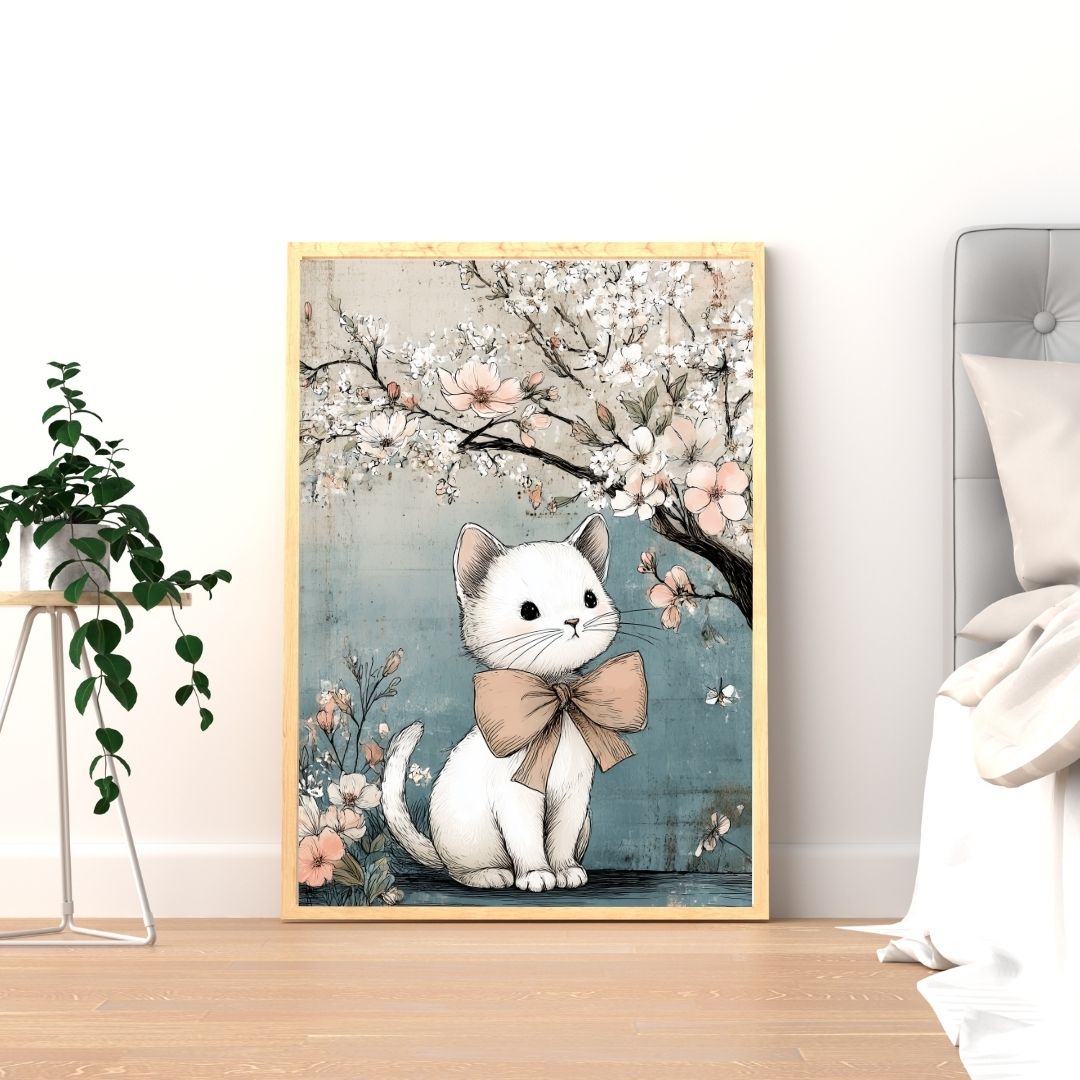 Tablou A4 „Pisicuța și Florile de Cais" — Print pe pânză Canva premium, ramă inclusă, decor delicat și elegant