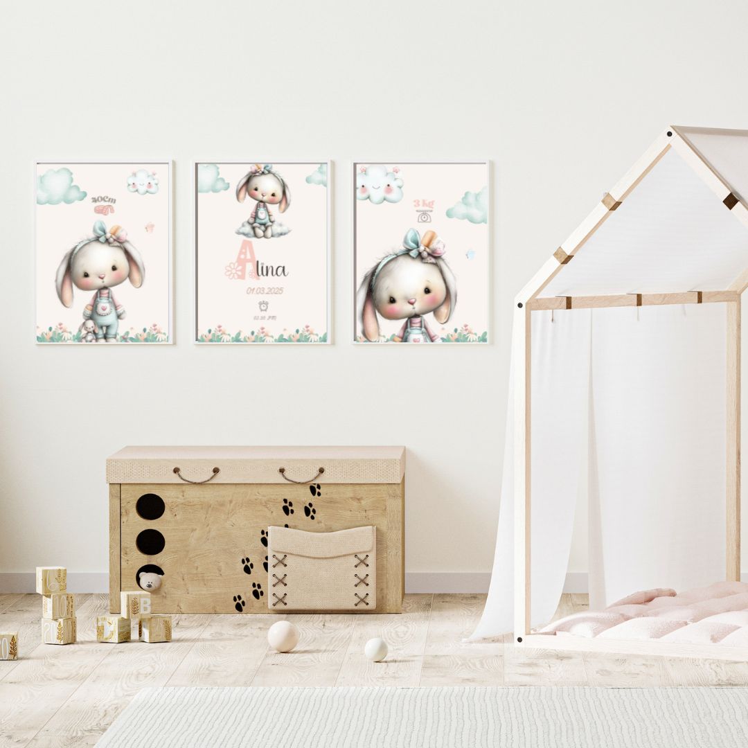 Tablou personalizat Baby Stats — format A4, înrămat, cu numele și datele bebelușului, design pastel