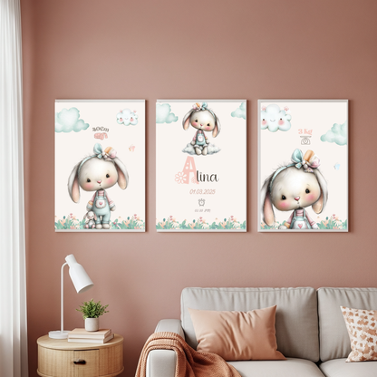 Tablou personalizat Baby Stats — format A4, înrămat, cu numele și datele bebelușului, design pastel