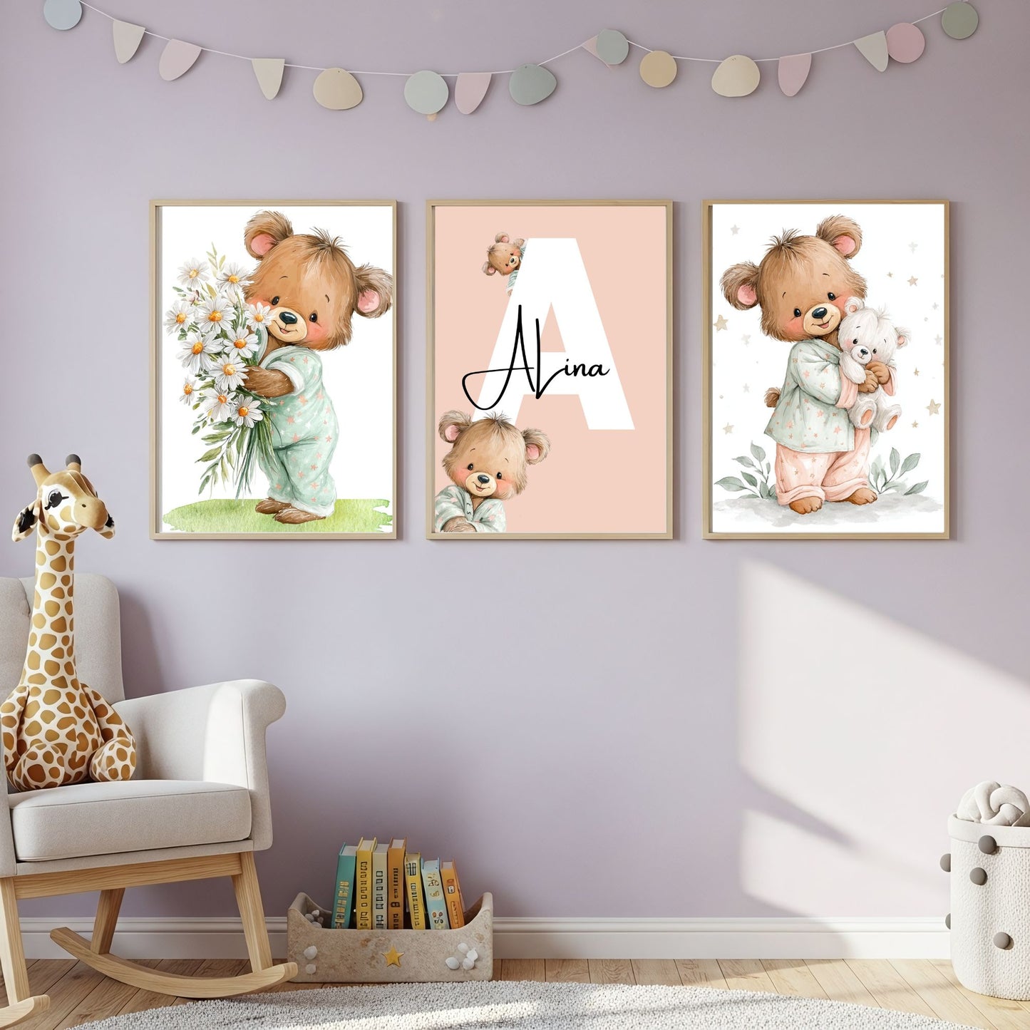 Set Tablouri Personalizate „Ursulețul cu Flori" — Pânză Premium A4 (set 3)