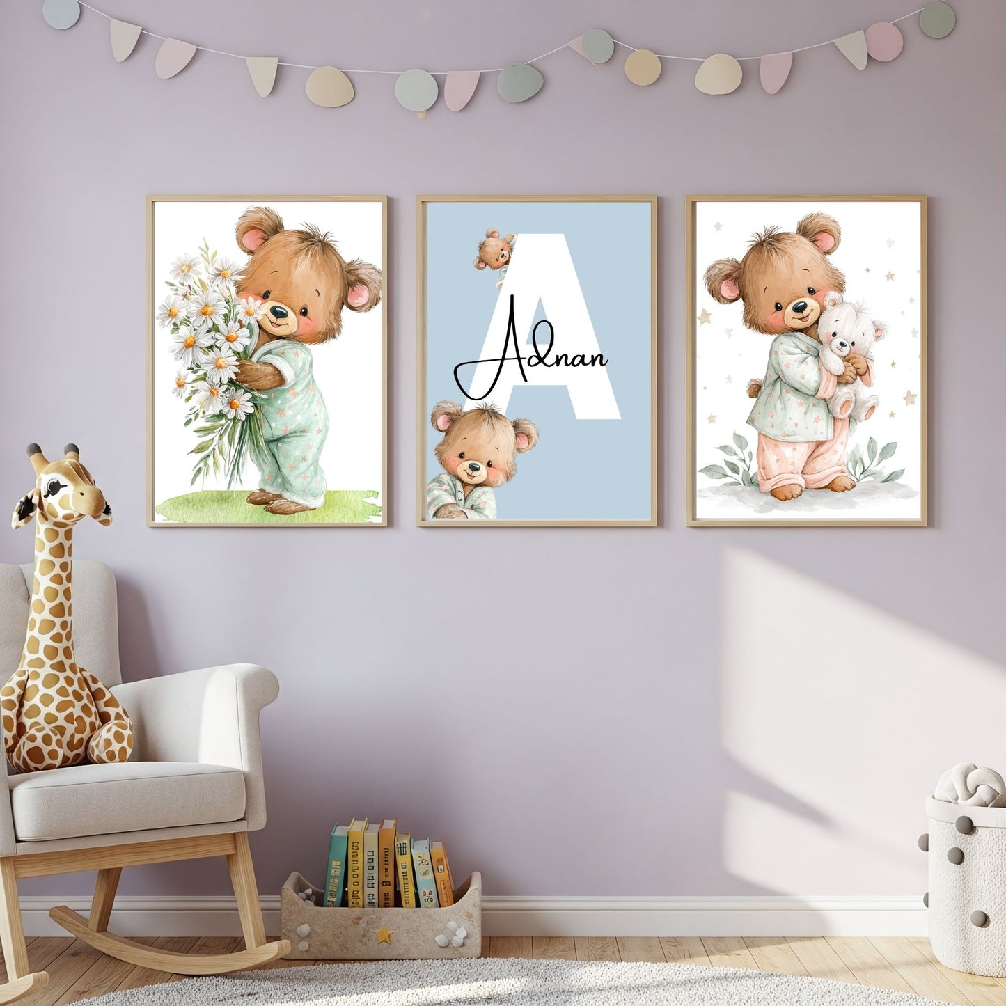 Set Tablouri Personalizate „Ursulețul cu Flori" — Pânză Premium A4 (set 3)