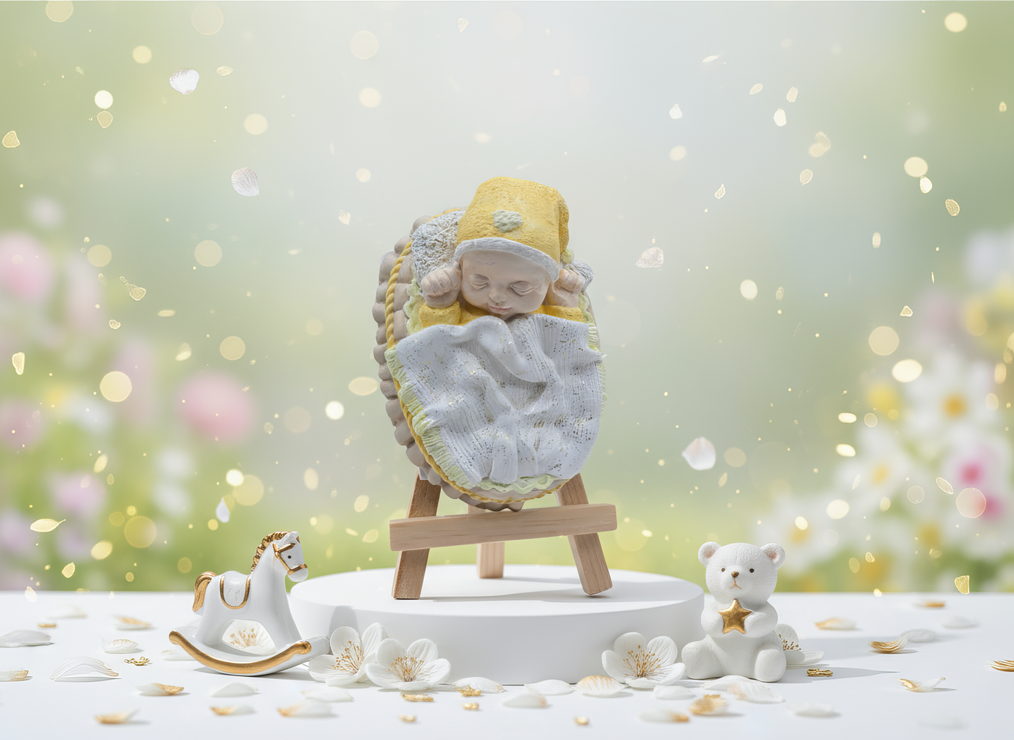 Magnet ceramic bebeluș în coșuleț galben, pictat 
manual, amintire botez