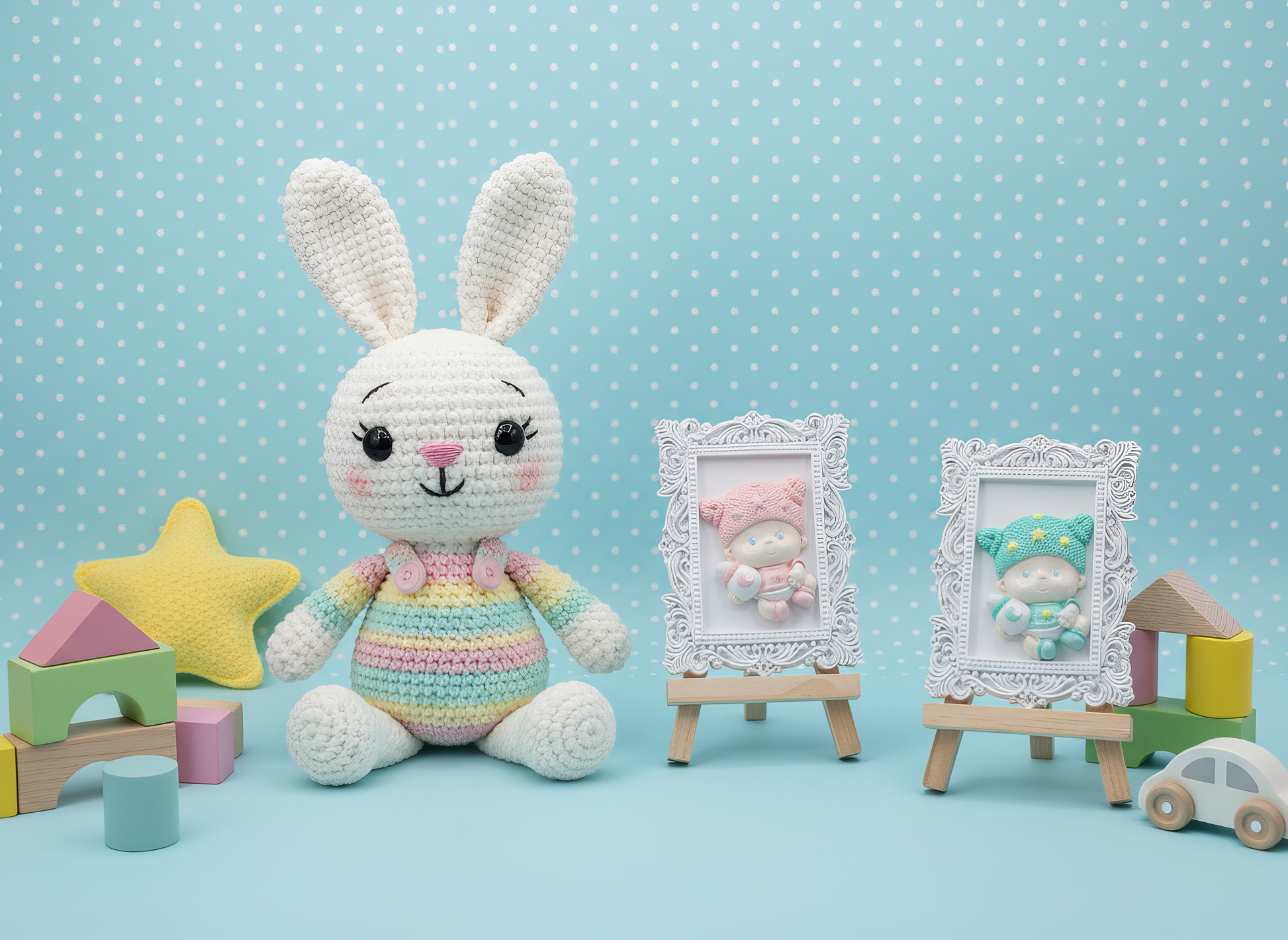 Mărturie ceramică bebeluș cu biberon, prezentare pastel 
cu jucării și baloane