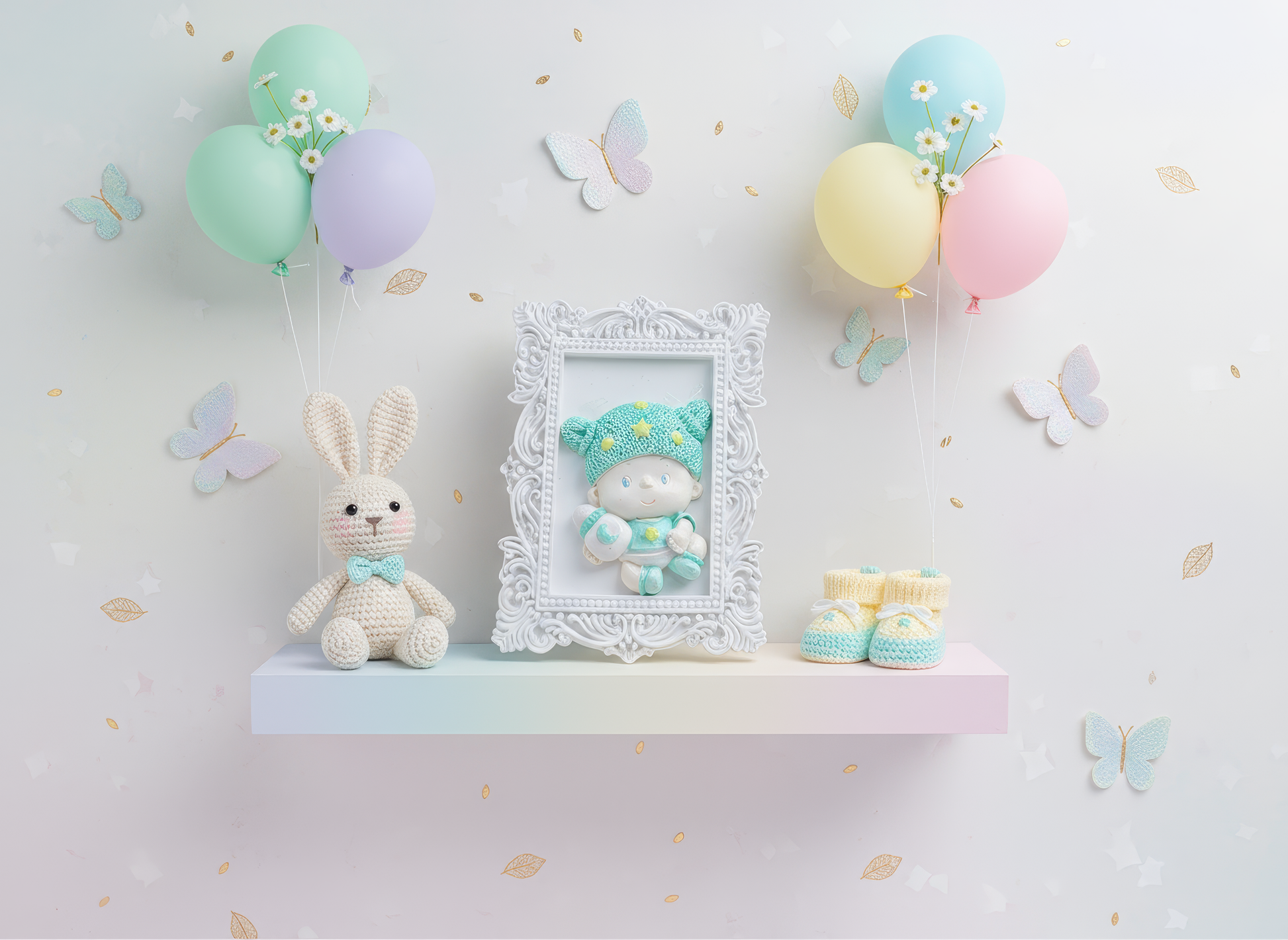 Mărturie ceramică bebeluș cu biberon, prezentare pastel 
cu jucării și baloane