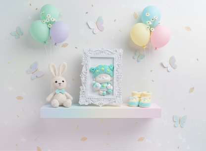 Mărturie ceramică bebeluș cu biberon, prezentare pastel 
cu jucării și baloane