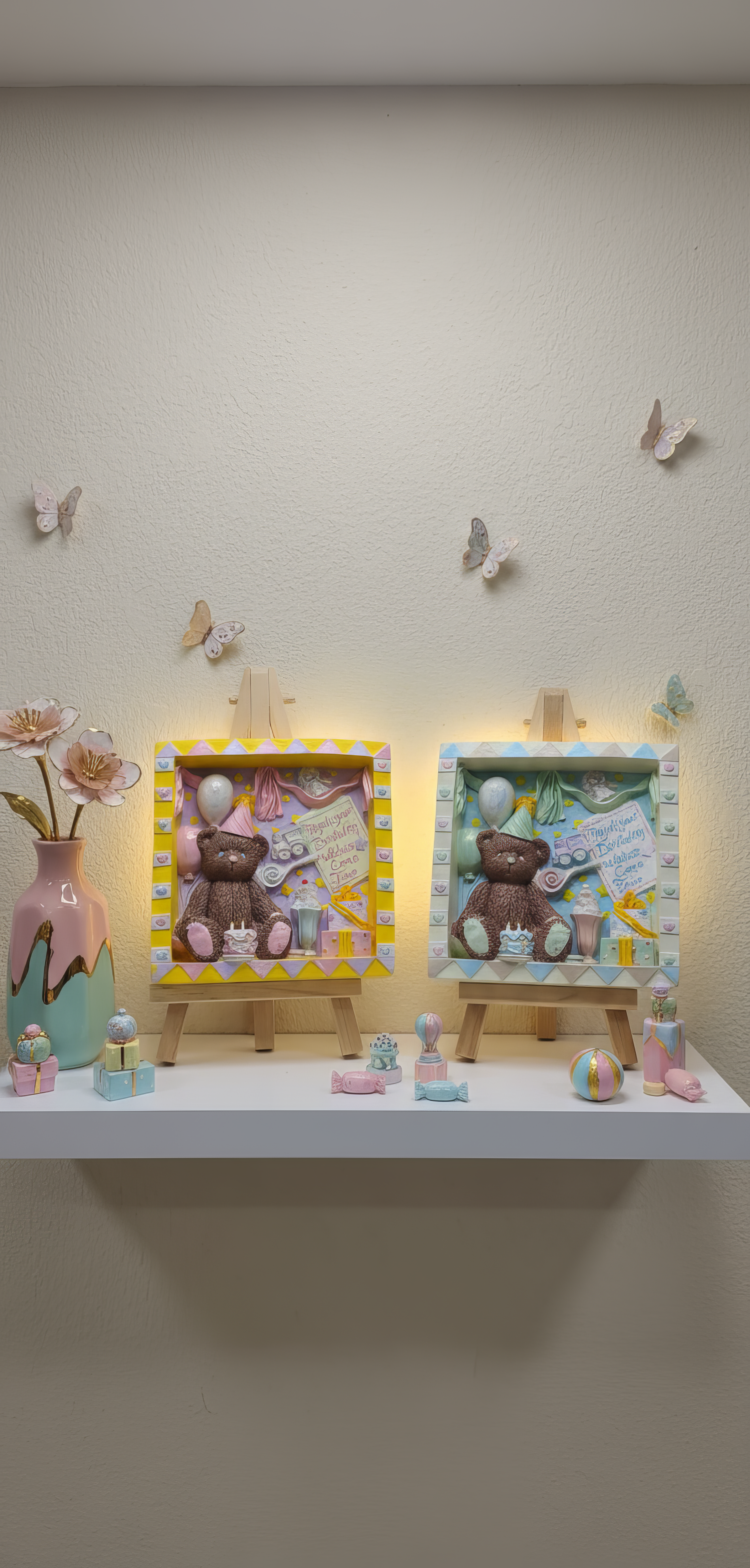 Tablou decorativ ceramic cu ursuleț și baloane pastel, 
handmade, pictat manual