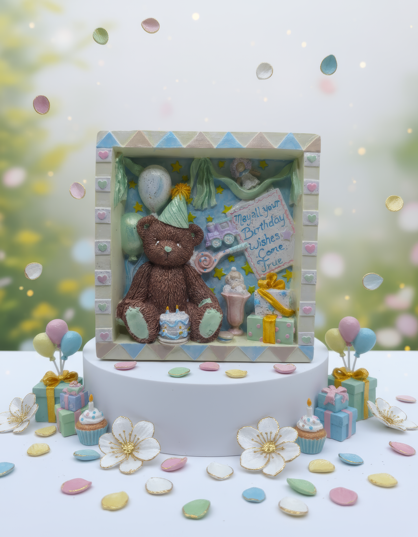 Tablou decorativ ceramic ursuleț cu baloane, aranjament cu 
flori și lumini calde