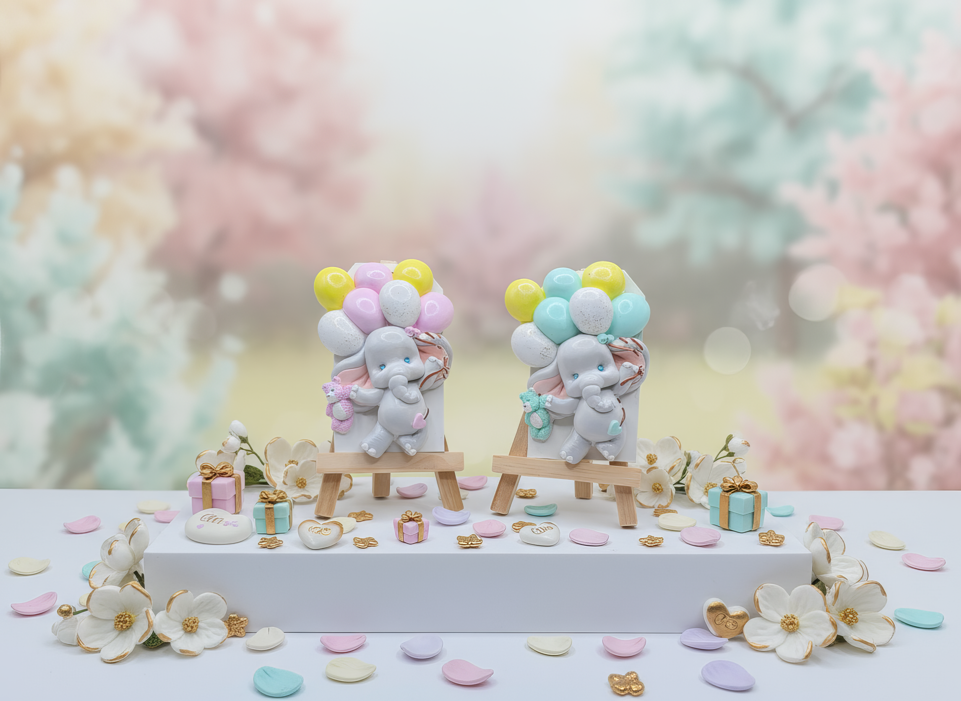 Magnet ceramic elefănțel cu baloane pastel, handmade, 
pictat manual