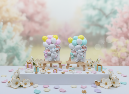 Magnet ceramic elefănțel cu baloane pastel, handmade, 
pictat manual