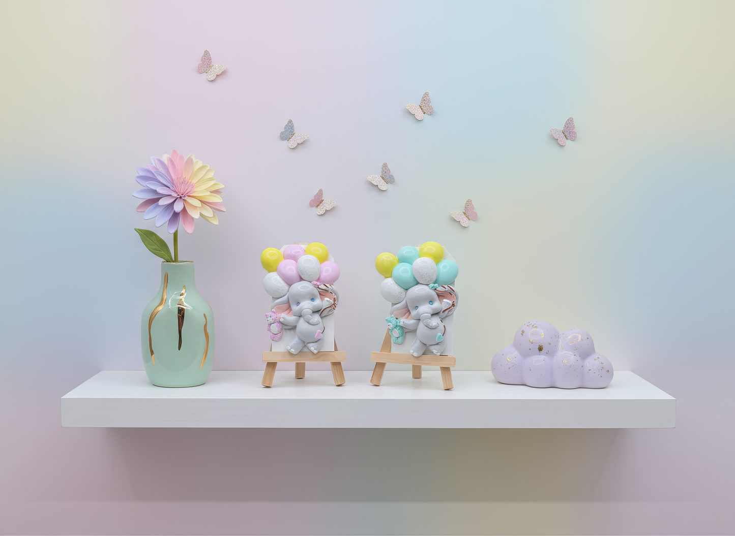 Mărturie ceramică elefănțel cu baloane pastel, aranjament 
baby shower