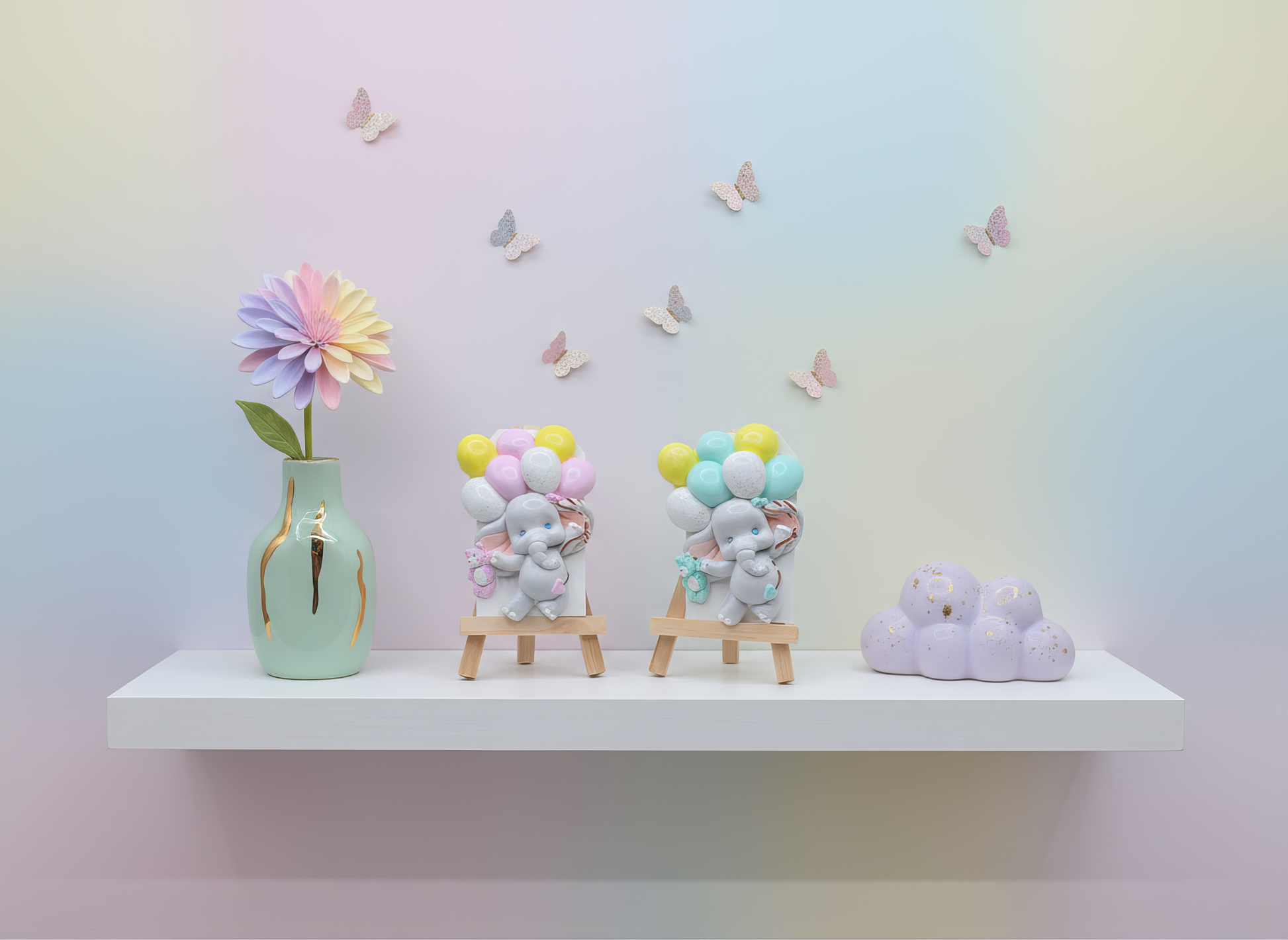 Mărturie ceramică elefănțel cu baloane pastel, aranjament 
baby shower