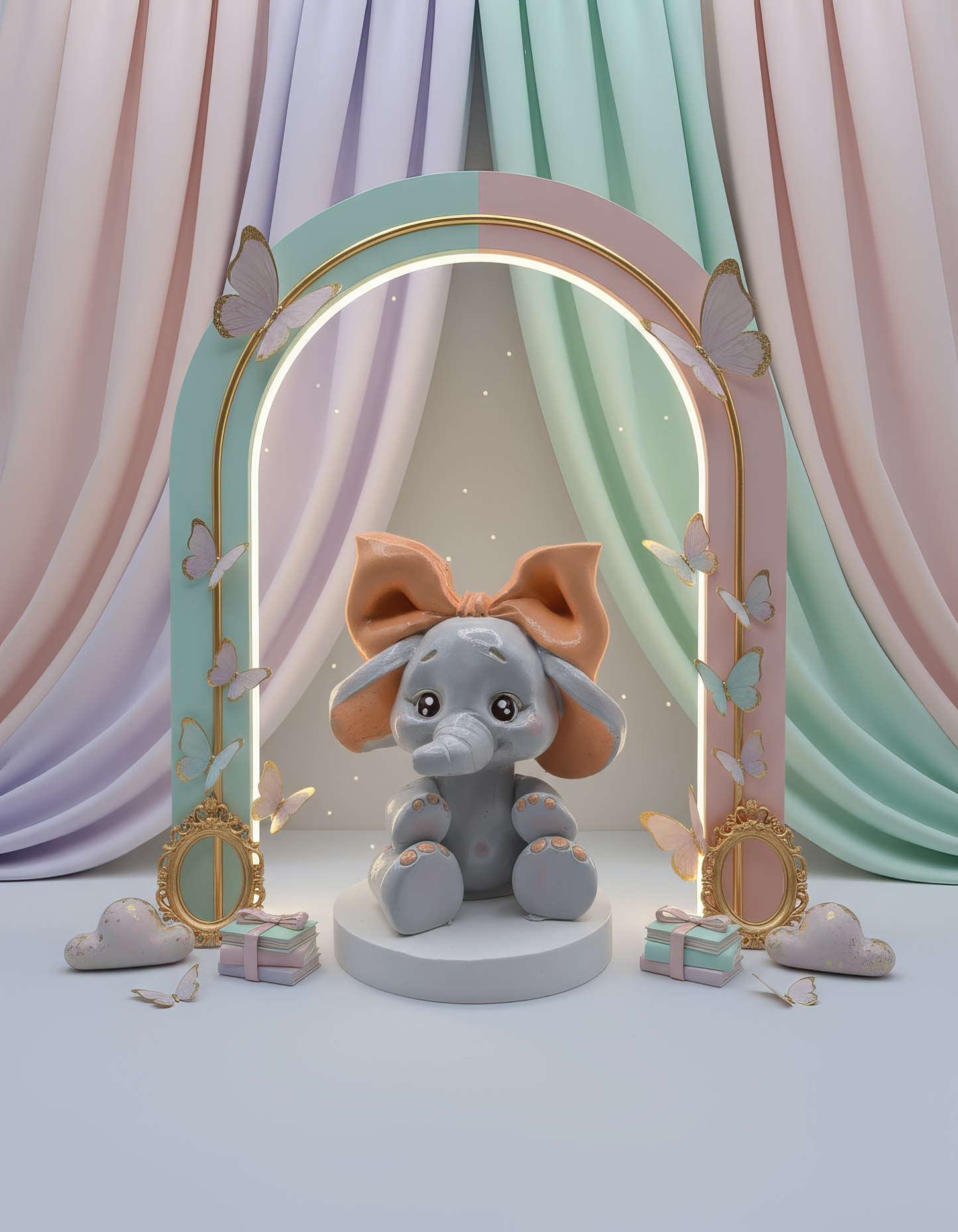 Figurină ceramică elefănțel cu fundiță mare, handmade, 
pictată manual