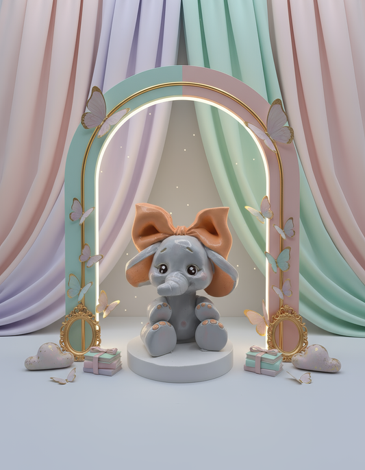 Figurină ceramică elefănțel cu fundiță mare, handmade, 
pictată manual