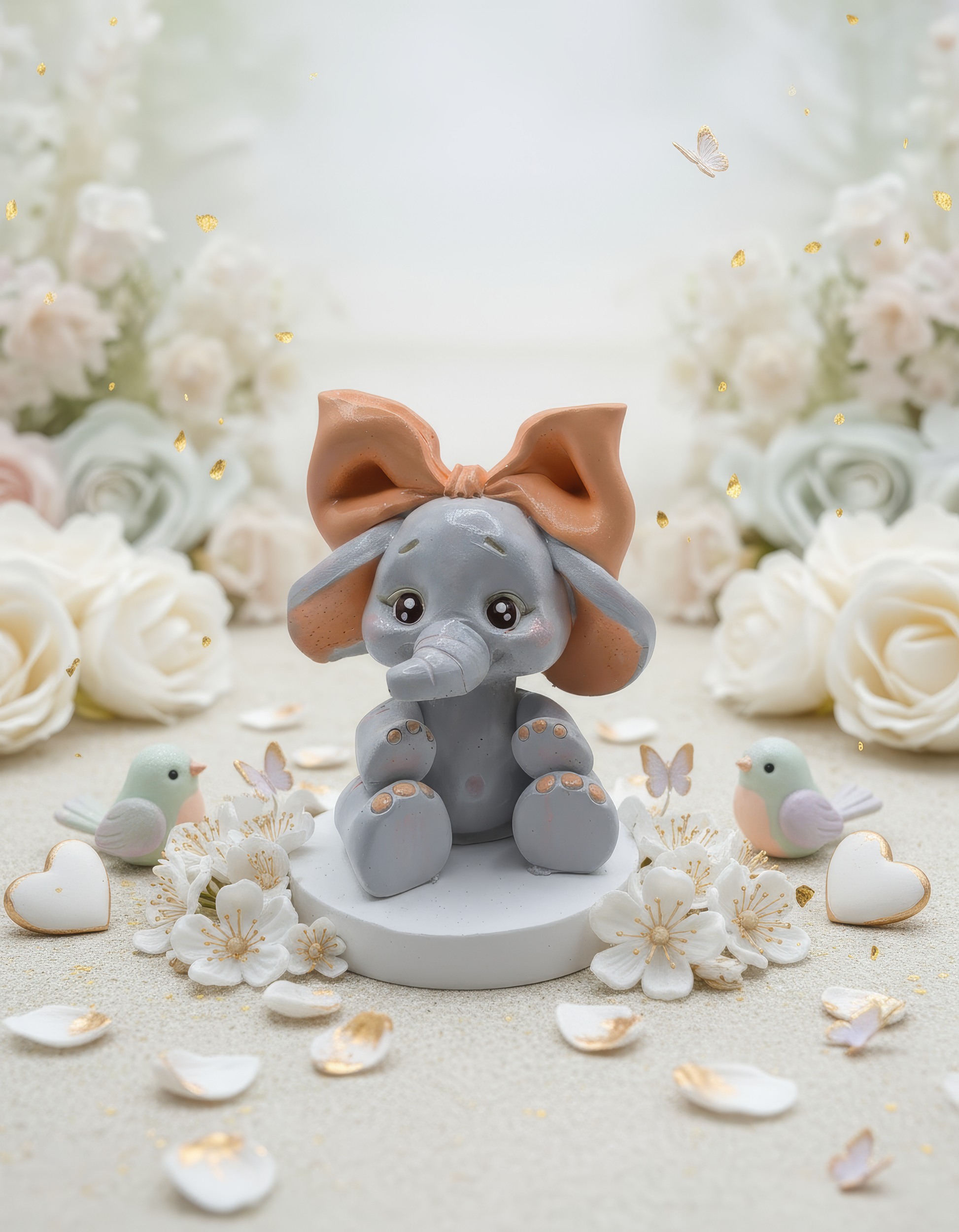 Elefănțel ceramic decorativ cu fundiță, aranjament pastel 
cu fluturi și cadouri