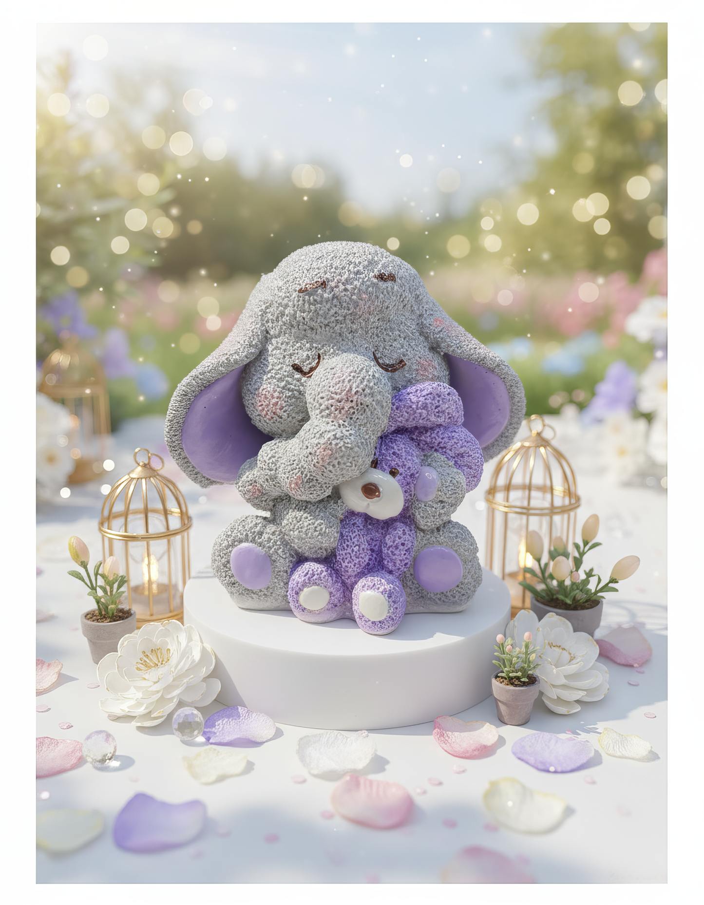 Mărturie botez elefănțel îmbrățișând ursuleț, în cutie cadou 
personalizată