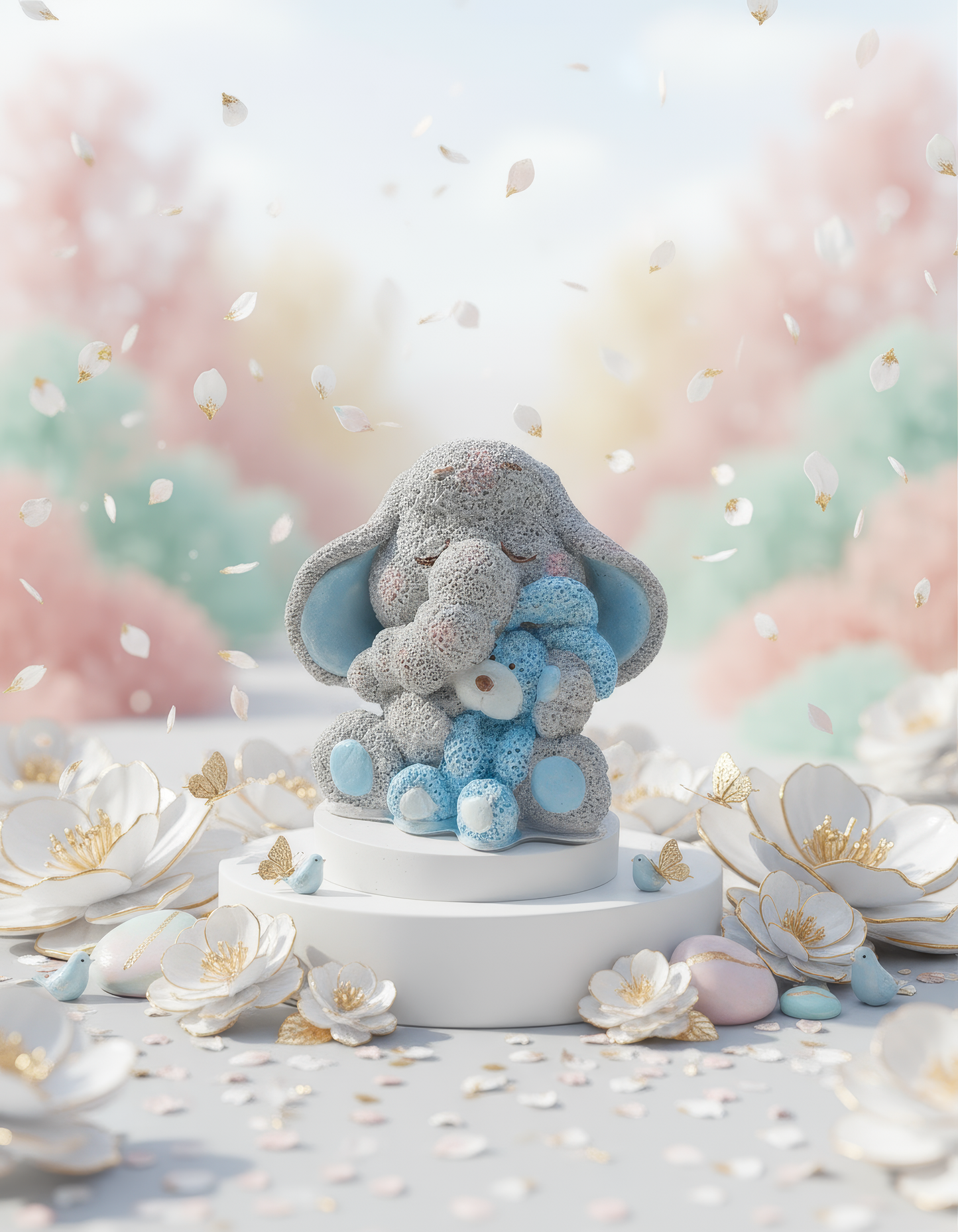 Elefănțel ceramic cu ursuleț, decor pastel cu fluturi și 
flori