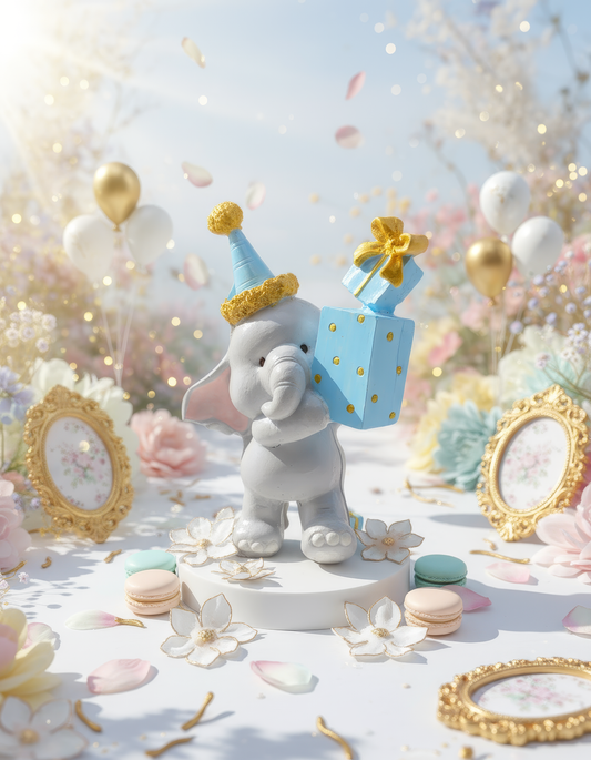 Elefănțel ceramic decorativ cu dar aniversar, decor pastel cu 
baloane și flori