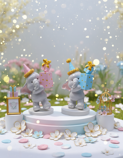 „Figurină ceramică elefănțel cu cadou albastru și pălărie de 
petrecere, handmade, pictată manual