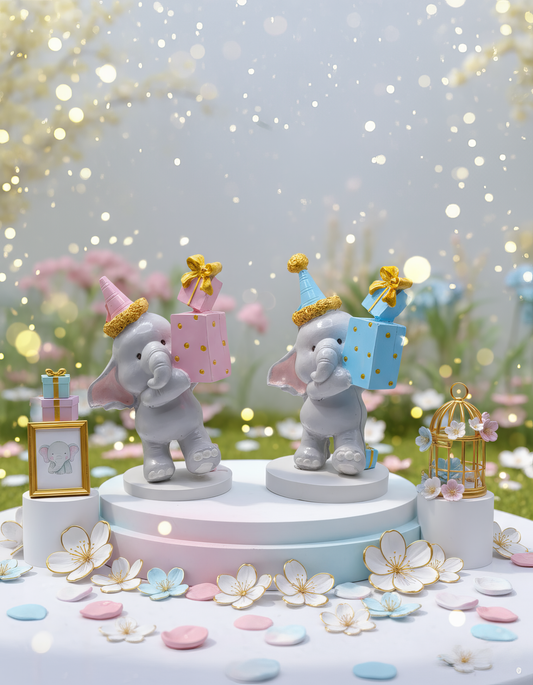 „Figurină ceramică elefănțel cu cadou albastru și pălărie de 
petrecere, handmade, pictată manual