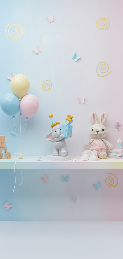 Figurină ceramică elefănțel cu pălărie de petrecere și 
cadou, decor festiv baby shower