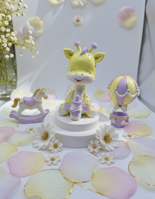 Decor ceramic girafă pentru botez sau baby shower, pastel cu 
baloane și flori