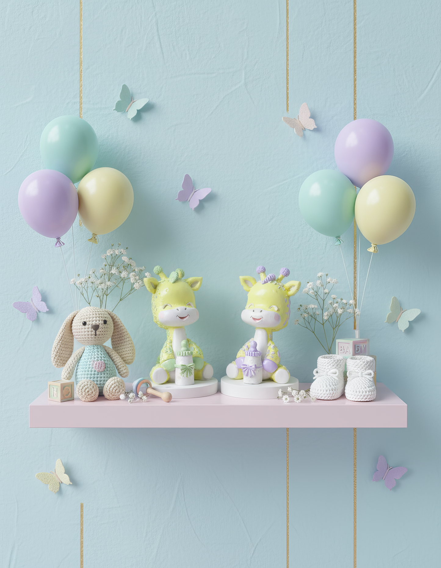 Figurină ceramică girafă galben pastel cu biberon, decor 
festiv copii