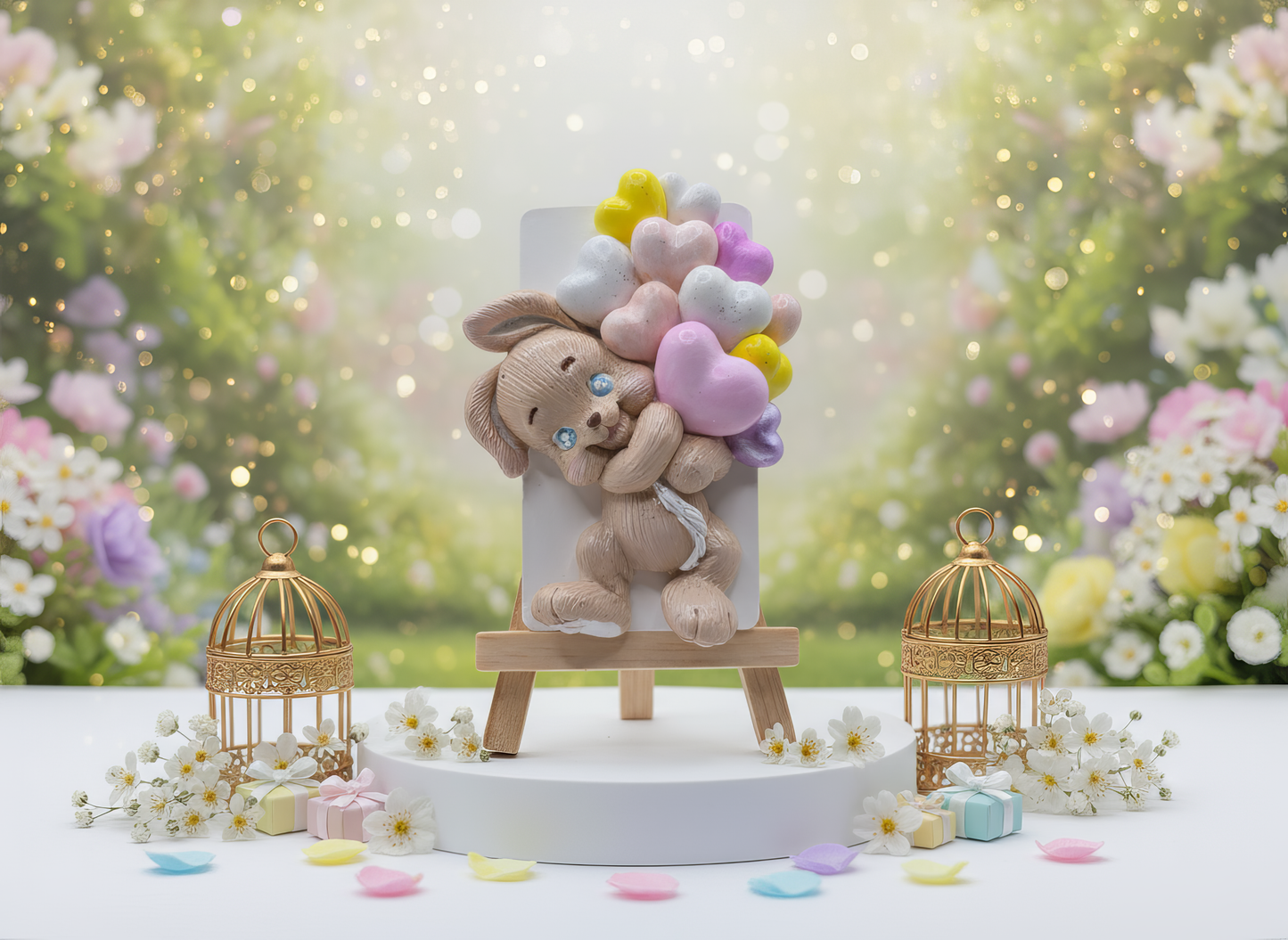 Mărturie handmade ceramică, iepuraș cu buchet de 
baloane inimioare, pictată manual