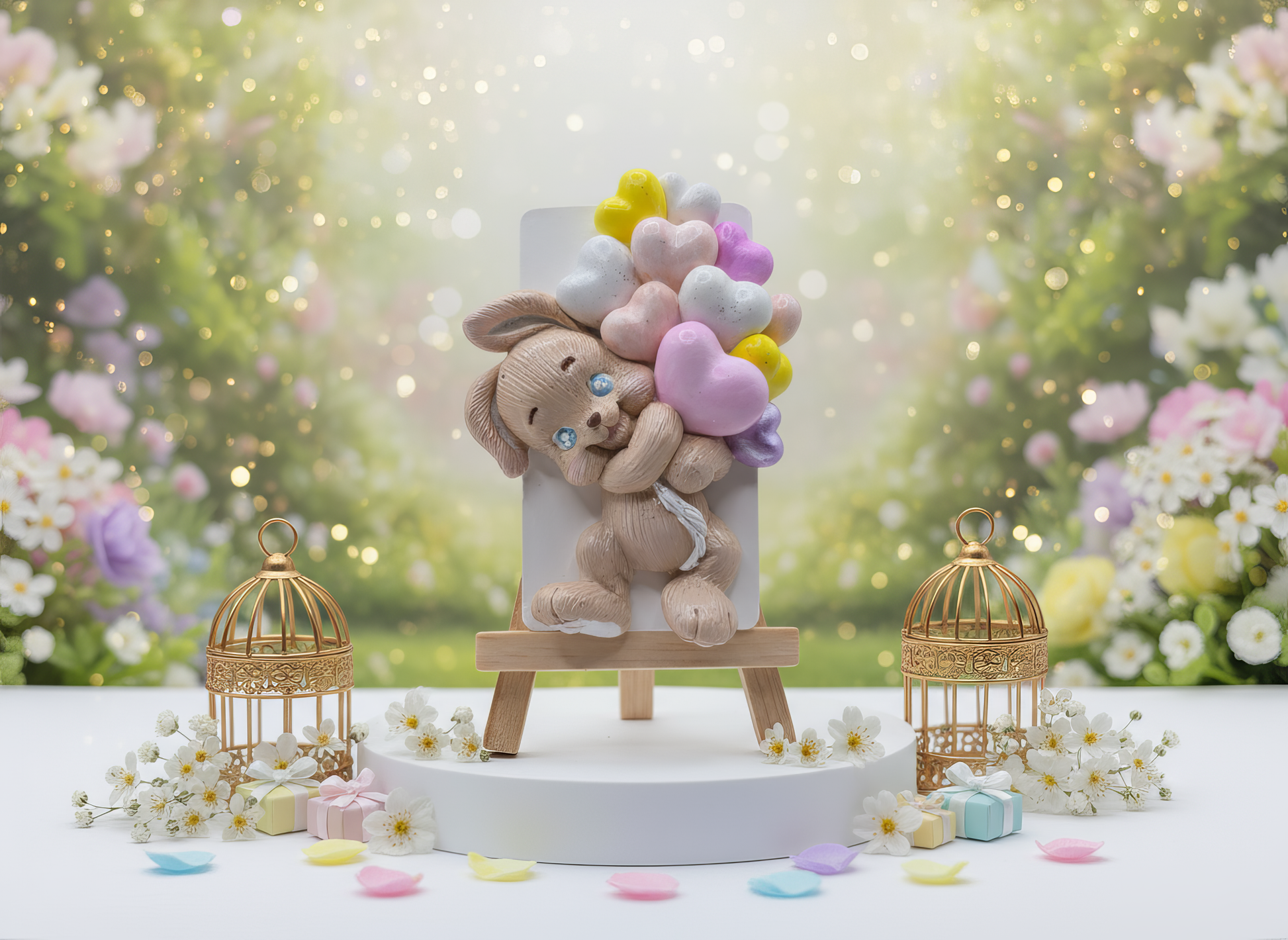 Mărturie handmade ceramică, iepuraș cu buchet de 
baloane inimioare, pictată manual