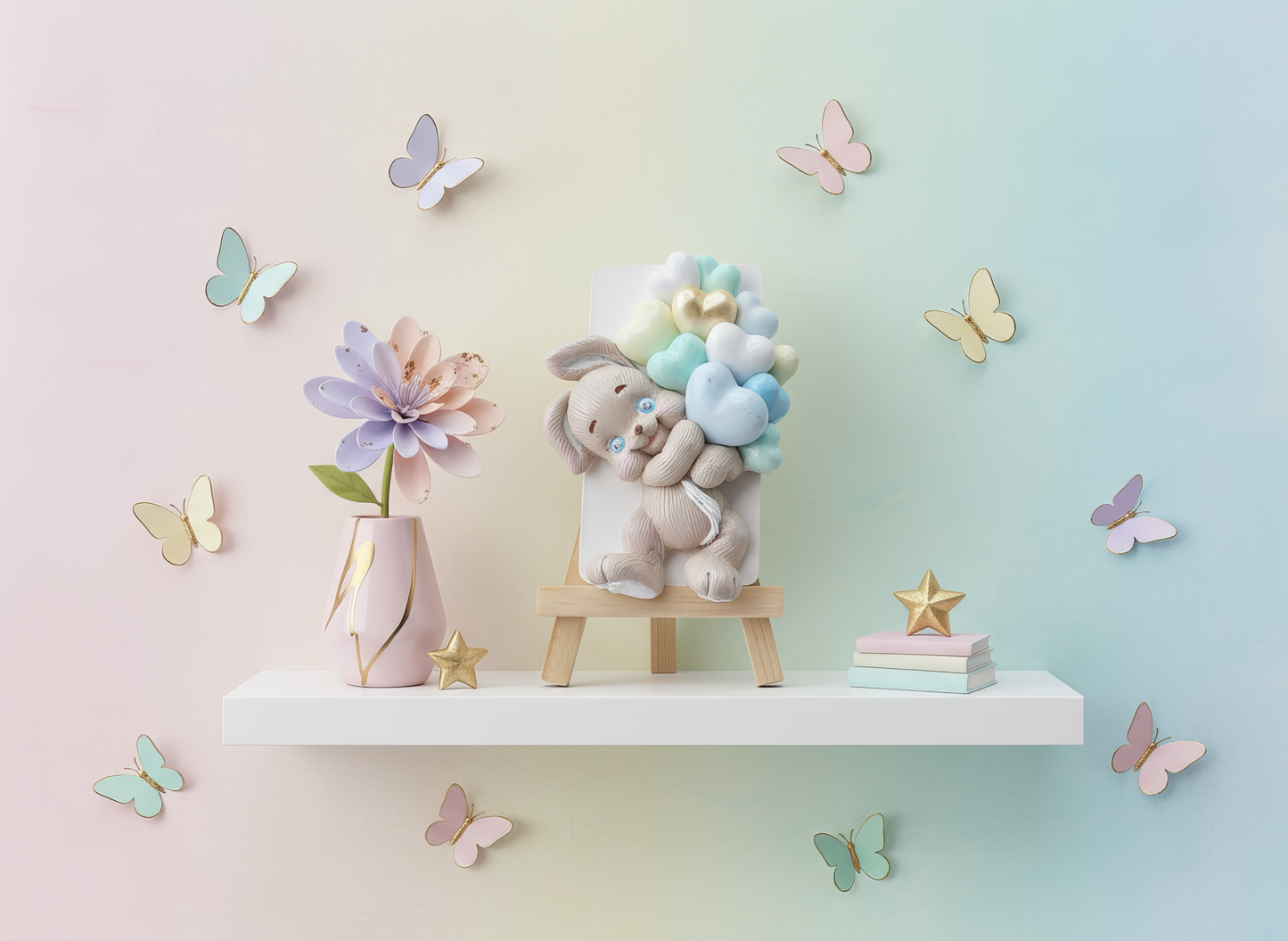 Mărturie ceramică iepuraș cu baloane inimioare pastel, 
handmade, pictată manual