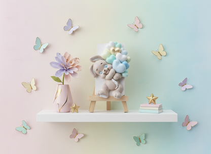 Mărturie ceramică iepuraș cu baloane inimioare pastel, 
handmade, pictată manual