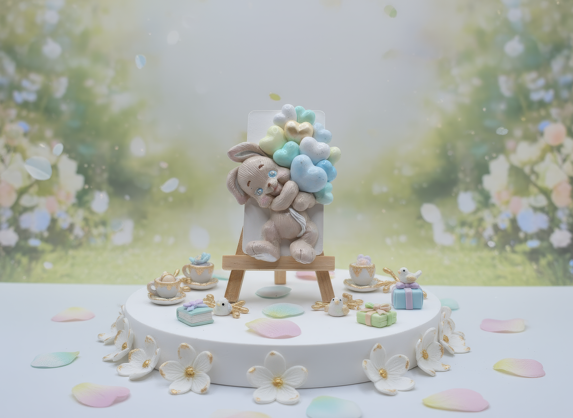 Iepuraș ceramic cu baloane în formă de inimă, prezentare 
pastel cu flori și lumini