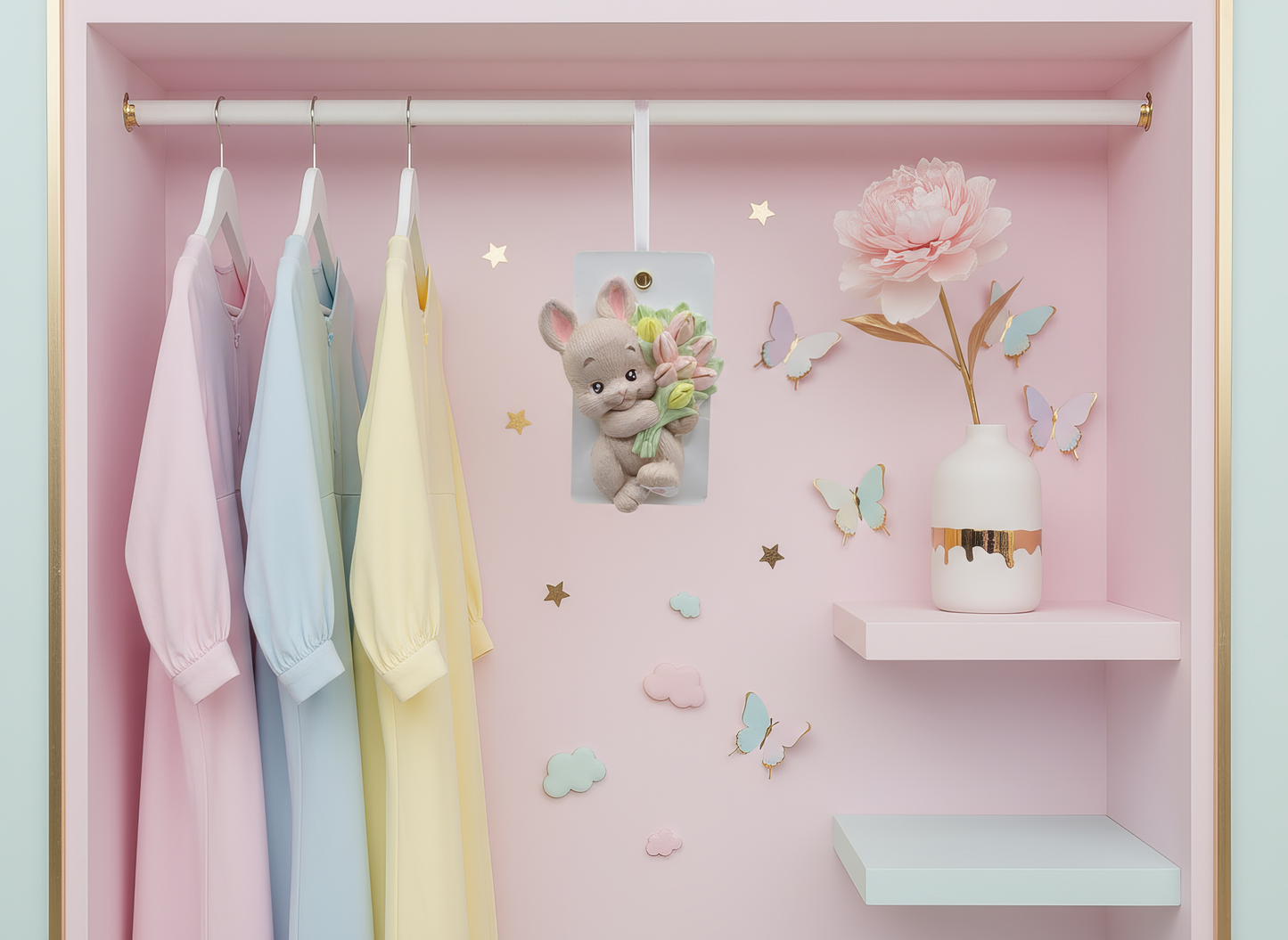 Mărturie ceramică iepuraș cu buchet de lalele pastel, 
handmade, pictată manual