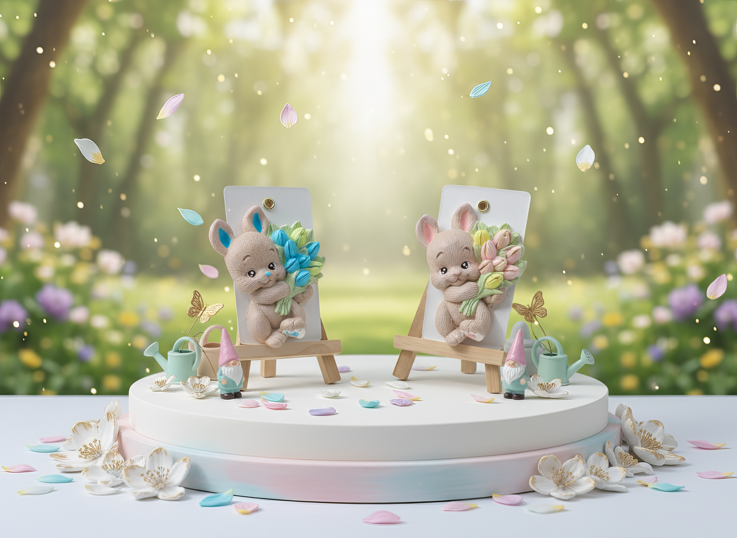 Amintire handmade iepuraș cu buchet roz, magnet 
decorativ parfumat