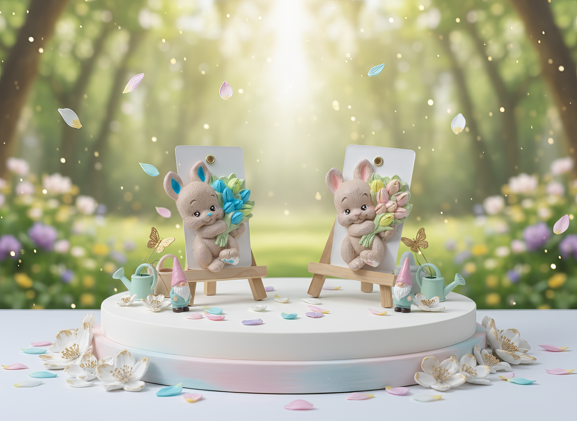 Amintire handmade iepuraș cu buchet roz, magnet 
decorativ parfumat