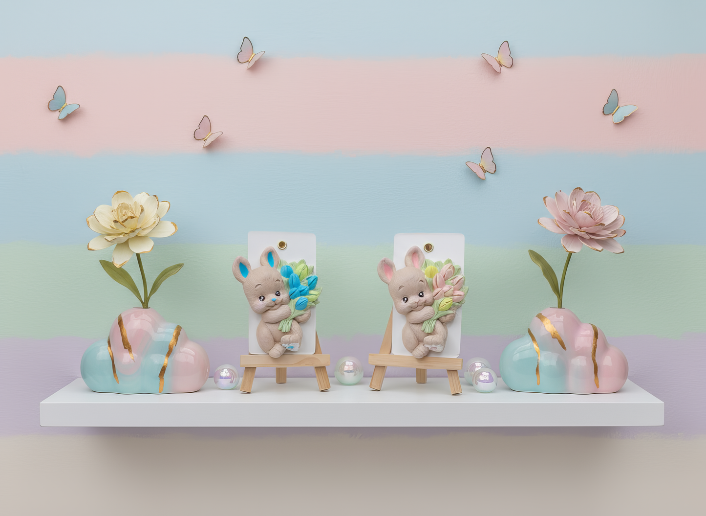 Iepuraș ceramic cu lalele colorate, prezentare pastel cu 
f
 lori și accesorii decorative