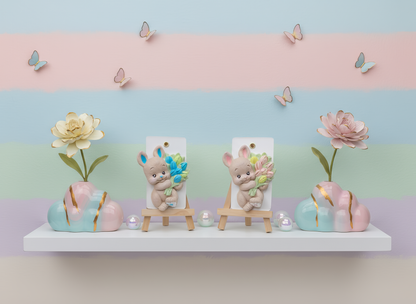 Iepuraș ceramic cu lalele colorate, prezentare pastel cu 
f
 lori și accesorii decorative