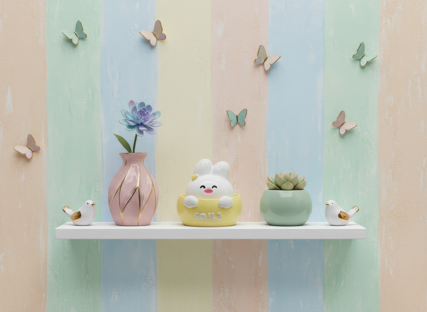 Detaliu figurină ceramică iepuraș alb, pictată manual, 
suport mov și galben