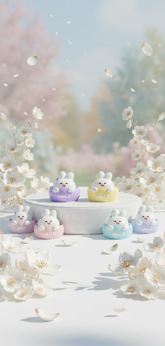 Figurină ceramică iepuraș alb în suport pastel, handmade, 
decorativă